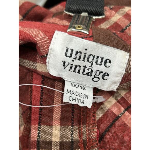 Unique Vintage Womens Suspenders Plaid Pants Red Brown Wide Leg Size 1X/16 NWOT - Picture 4 of 12